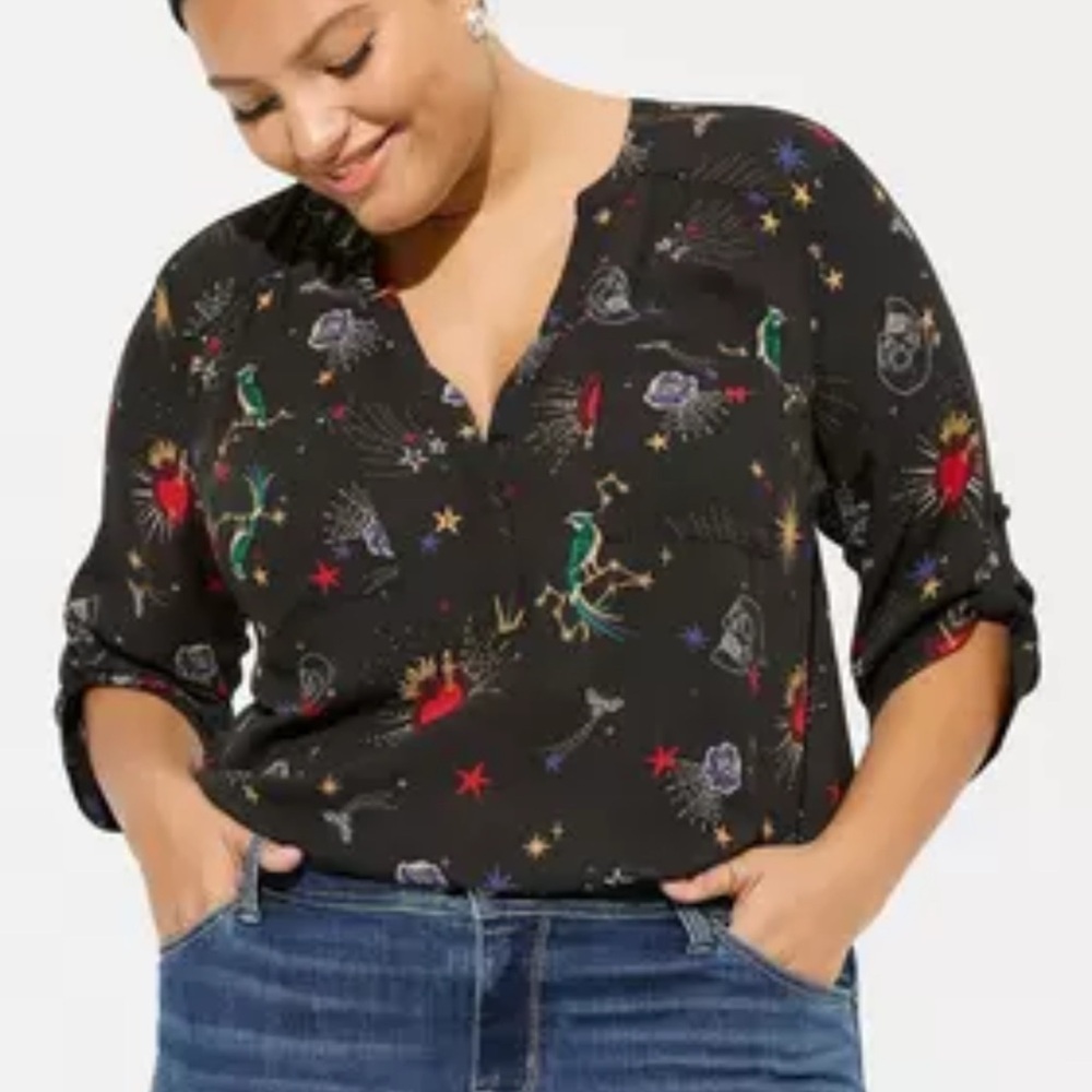 Torrid Black Top with Colorful Star and Animal Print